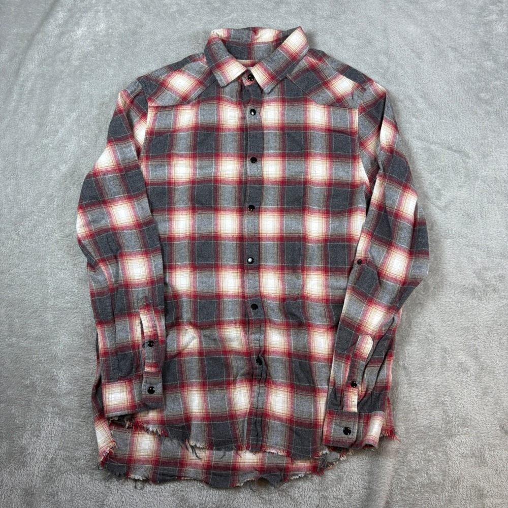 YoungLA Shirt Men Medium Plaid Western Snap Raw Hem Red Grey Flannel Distressed